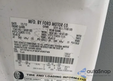 2013 Ford F-150 Lariat из США, поврежденный, VIN 1FTFW1CF9DFA90749